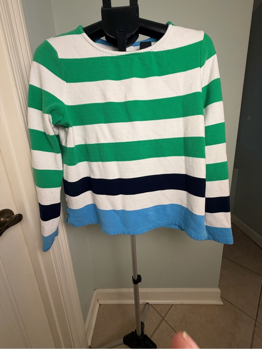 Crown & Ivy Green White Blue Striped Cotton Sweater – Size L